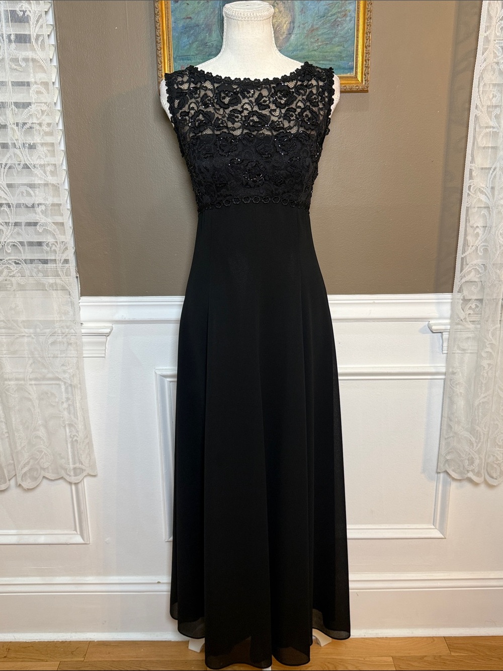 Vintage 90s Ever Beauty Petite 2P Black Lace Beaded Formal Maxi Dress